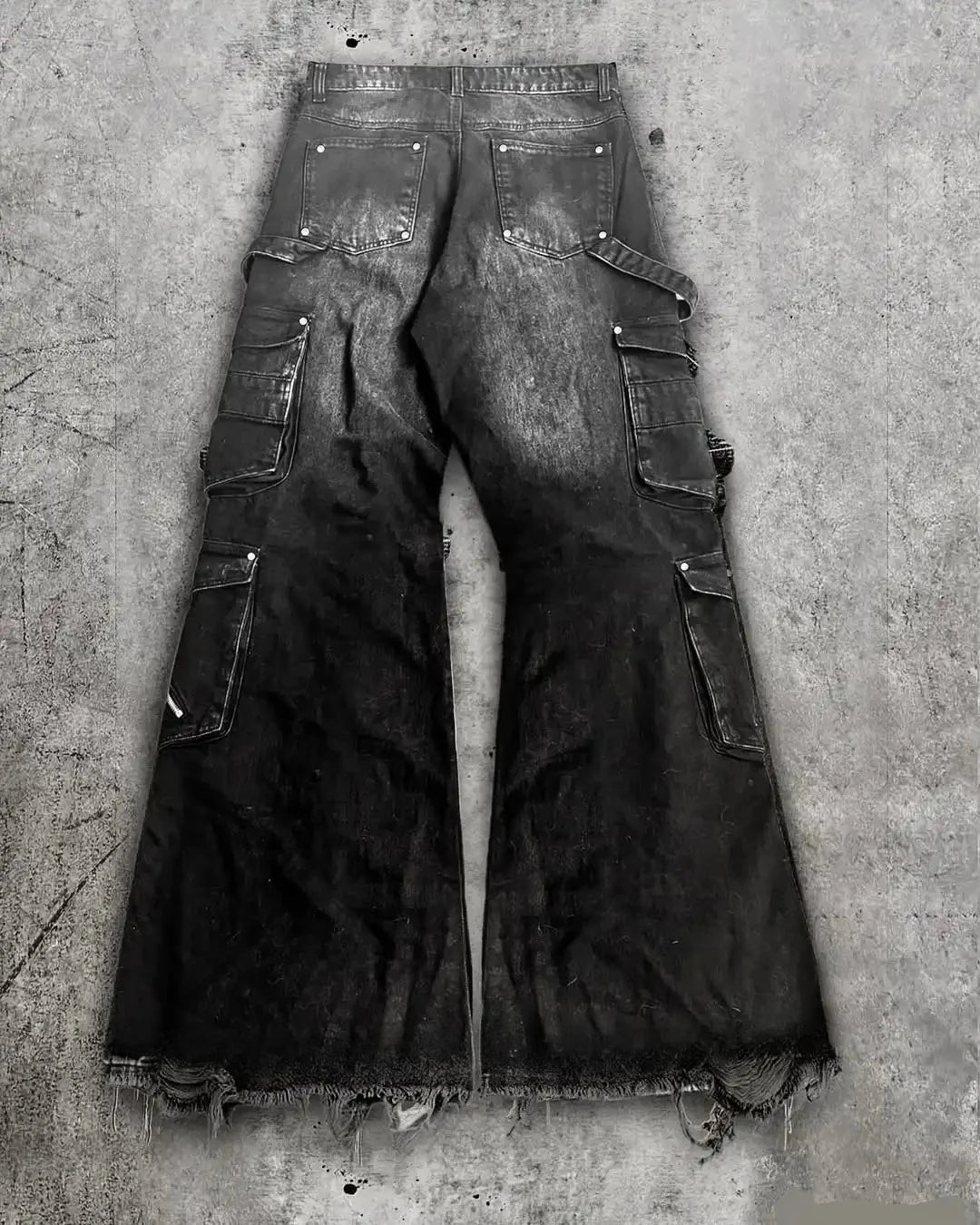 Y2K Street Gothic Harajuku Casual Cargo Jeans Men and Womens Black Distressed Loose Flared Jeans Multi Zipper Cargo Flared Jeans