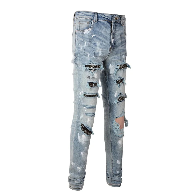 Men Crystal Skinny Stretch Denim Jeans Streetwear Holes Ripped Distressed Pants Painted Patchwork Trousers