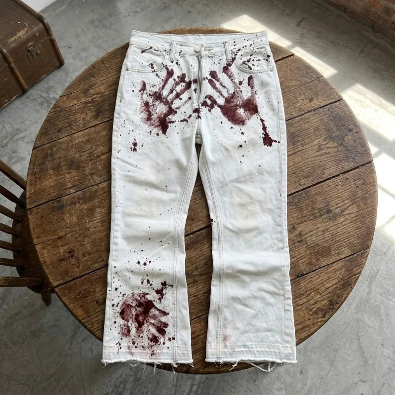 Y2K Grunge Paint Splatter Flare Jeans Women White High Waist Vintage Harajuku Streetwear Distressed Bell Bottom Denim Pants