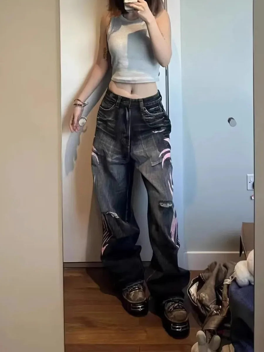 Vintage Spicy Print Wideleg Jeans Low Waist Straight Leg Cut Polyester Fiber Distressed Style Casual Pants for Women