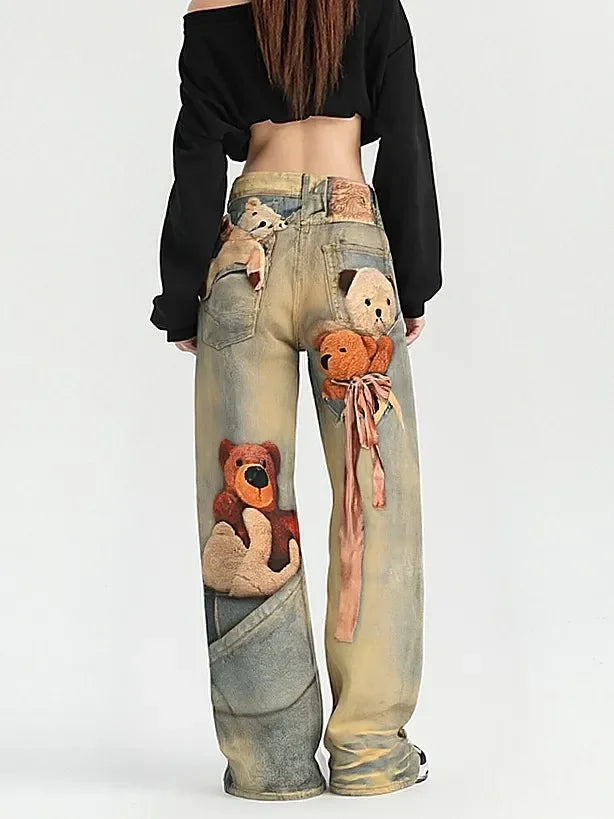 Women's Light Wash Baggy Jeans All-Over Teddy Bear Print Ribbon Bow Print Vintage Distressed Wide Leg Denim Pants Streetwear