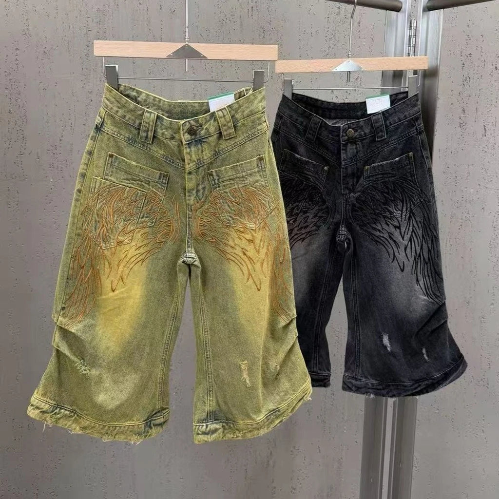 2026 Spring Summer Vintage Punk Style Heavy Embroidery Winged Cropped Denim Pants - Relaxed Wide Leg, Distressed Wash