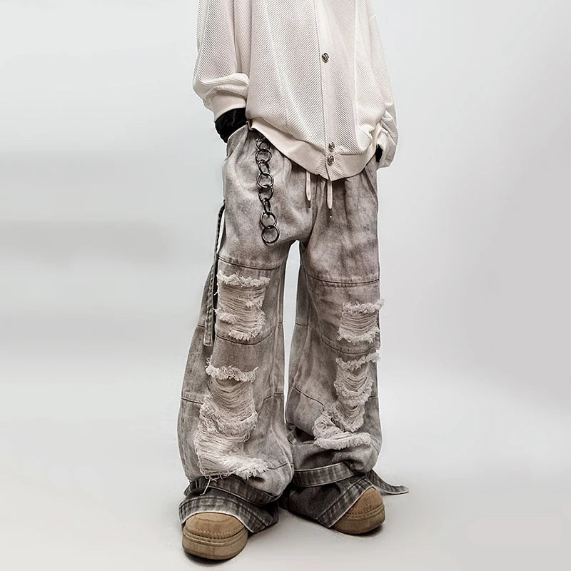 PFNW Fashion Distressed Washed Jeans Men's High Street Loose Mud Dyed Workwear Wide Leg Trousers 2026 Spring New 28L1905
