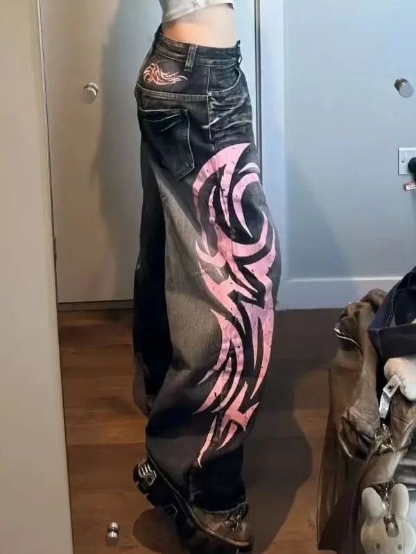 Vintage Spicy Print Wideleg Jeans Low Waist Straight Leg Cut Polyester Fiber Distressed Style Casual Pants for Women