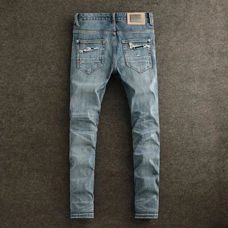 Street Fashion Designer Men Jeans High Quality Retro Blue Stretch Slim Fit Patched Ripped Jeans Men Hip Hop Vintage Denim Pants