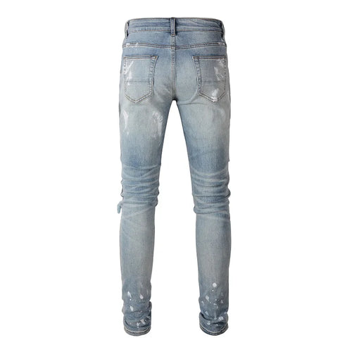 Men Crystal Skinny Stretch Denim Jeans Streetwear Holes Ripped Distressed Pants Painted Patchwork Trousers