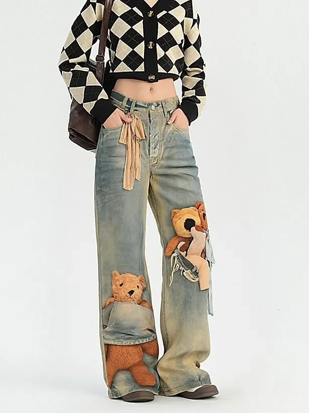 Women's Light Wash Baggy Jeans All-Over Teddy Bear Print Ribbon Bow Print Vintage Distressed Wide Leg Denim Pants Streetwear