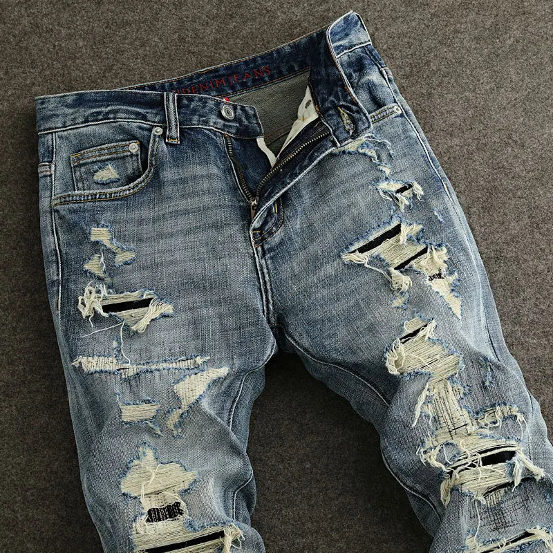 Street Fashion Designer Men Jeans High Quality Retro Blue Stretch Slim Fit Patched Ripped Jeans Men Hip Hop Vintage Denim Pants