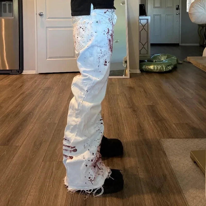 Y2K Grunge Paint Splatter Flare Jeans Women White High Waist Vintage Harajuku Streetwear Distressed Bell Bottom Denim Pants