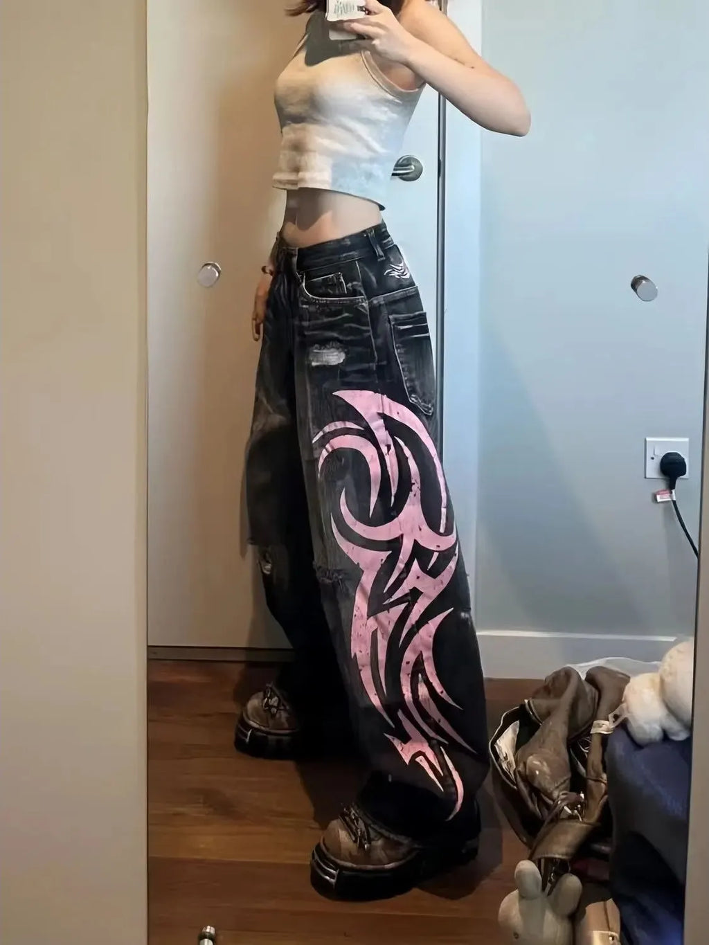 Vintage Spicy Print Wideleg Jeans Low Waist Straight Leg Cut Polyester Fiber Distressed Style Casual Pants for Women