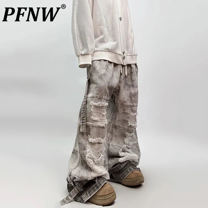 PFNW Fashion Distressed Washed Jeans Men's High Street Loose Mud Dyed Workwear Wide Leg Trousers 2026 Spring New 28L1905