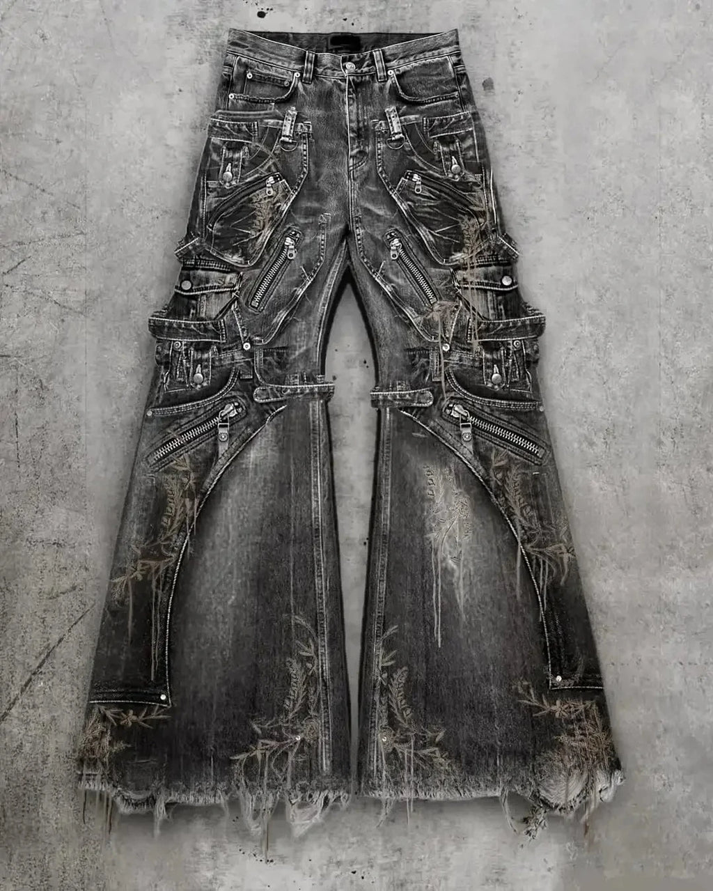 Y2K Street Gothic Harajuku Casual Cargo Jeans Men and Womens Black Distressed Loose Flared Jeans Multi Zipper Cargo Flared Jeans
