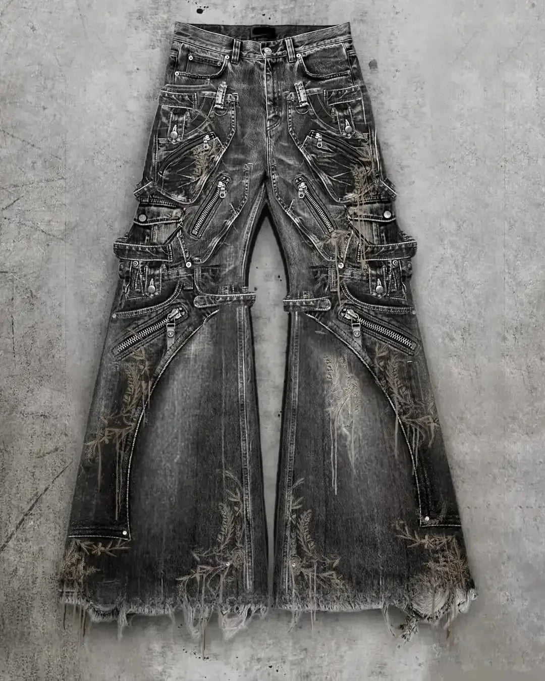 Y2K Street Gothic Harajuku Casual Cargo Jeans Men and Womens Black Distressed Loose Flared Jeans Multi Zipper Cargo Flared Jeans