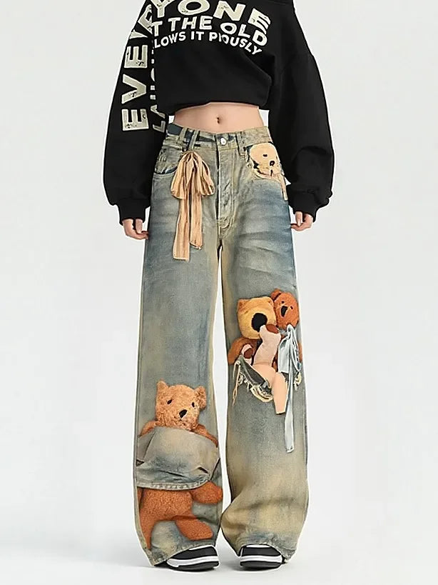 Women's Light Wash Baggy Jeans All-Over Teddy Bear Print Ribbon Bow Print Vintage Distressed Wide Leg Denim Pants Streetwear